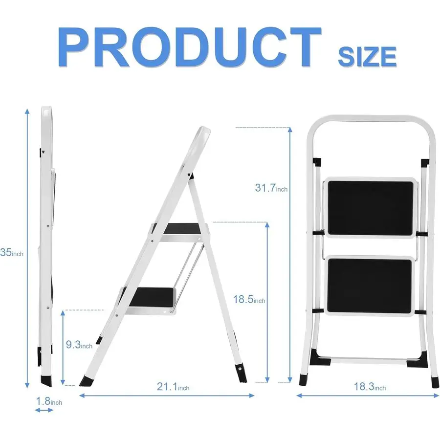 

Step Ladder 2 Step Folding with AntiSlip Pedal, Lightweight 2 Step Ladder with Handrails, 330 lbs Capacity Perfect for Kitchen a