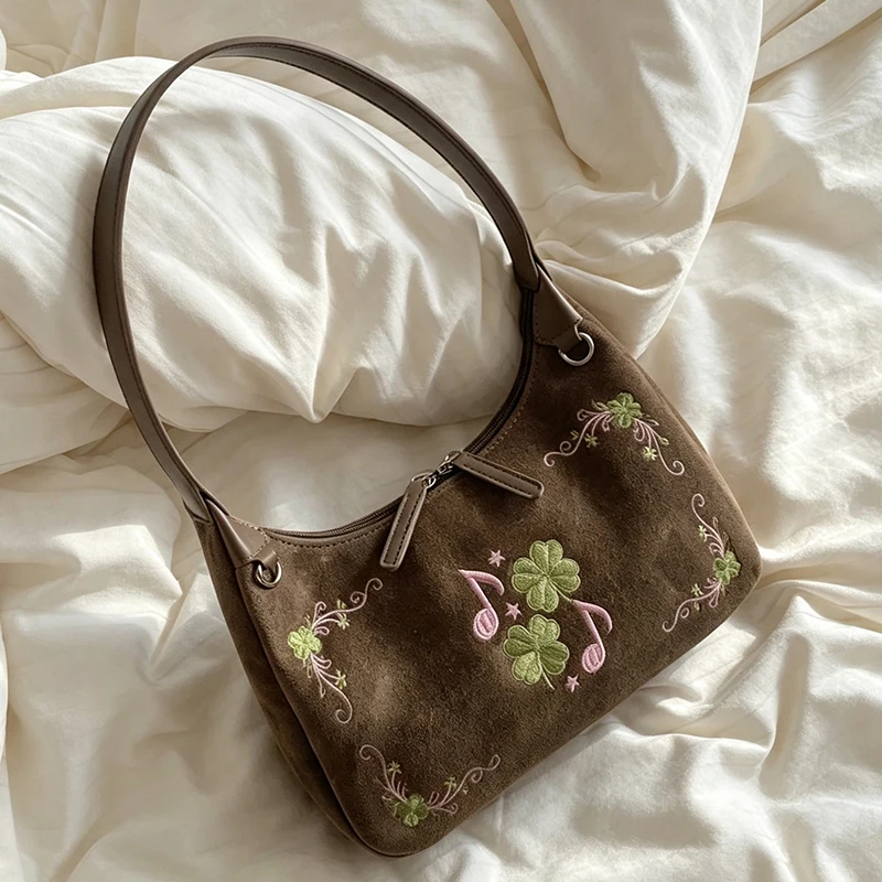 Vintage Embroidery Tote Bag For Women Four-leaf Clover Musical Note Pattern Suede Crossbody Shoulder Bag Casual Daily Handbag