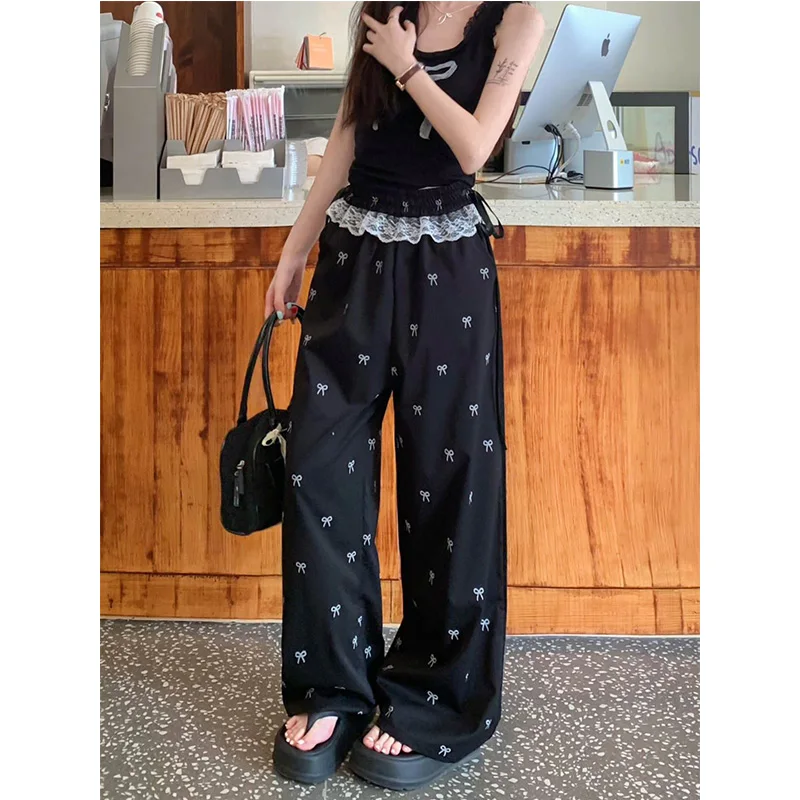 Trend Bow Elastic Waist Trousers Spring Summer New Casual Korean Sweet Patchwork Lace High Waist Wide Leg Pants Women Clothes