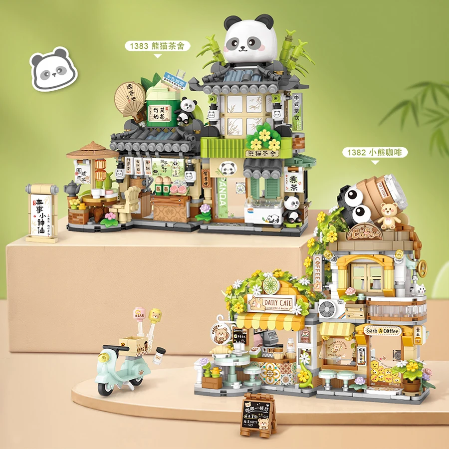 Creative Panda Tea House Little Bear Flower Cafe Shop Mini Folding Street View Building Block DIY Home Decor Toys For Kids Gifts