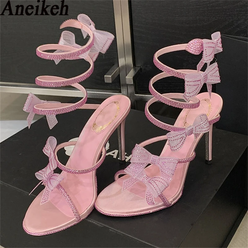 Aneikeh Elegant Pink Wedding Shoes CRYSTAL Bow High Heels Sandals Woman Summer Ankle Strap Thin High Heels Open Toed Party Shoes