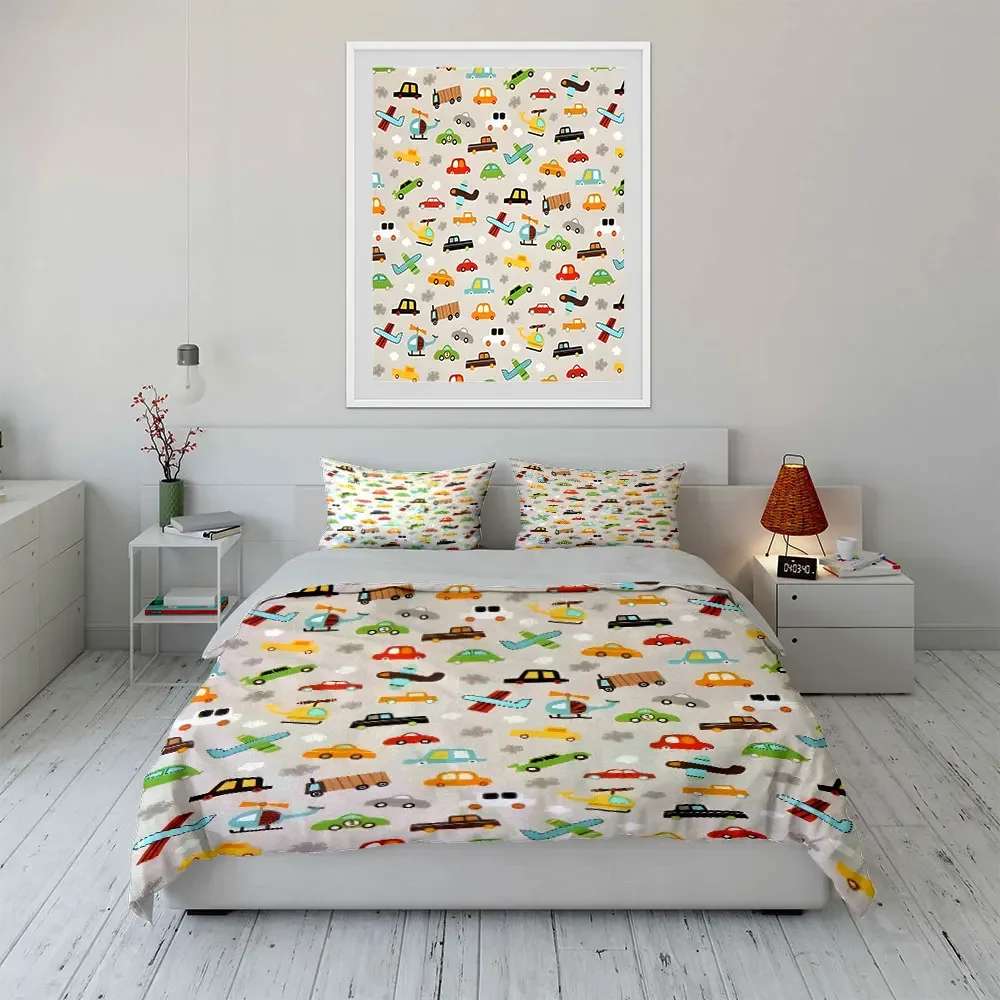 Colorful Transportation Pattern Set - Kids Multiple sizes kid's and adults' bedroom Exquisite 3PC bedding set, gift