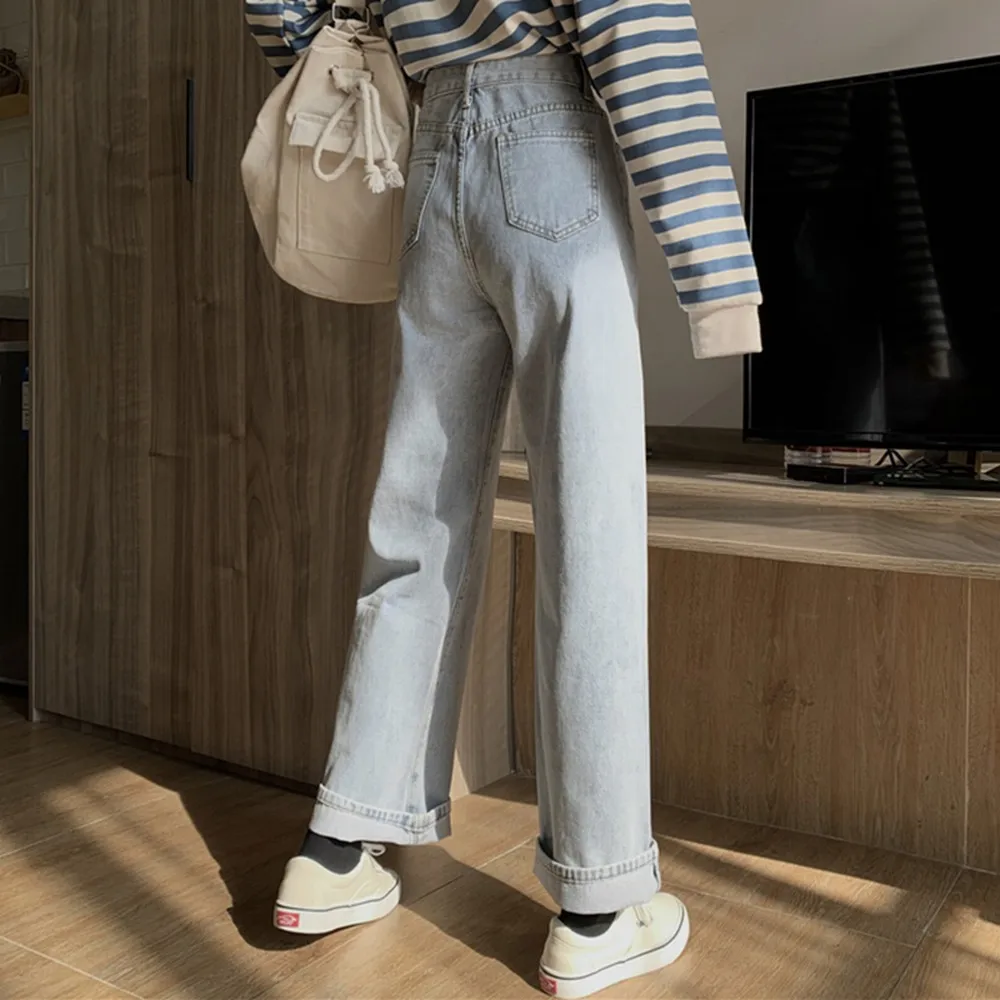 빈티지 스트레이트 진 여성 와이드 레그 루즈 데님 팬츠 가을 봄 패션 캐주얼 바지 화이트 블랙 블루 단색