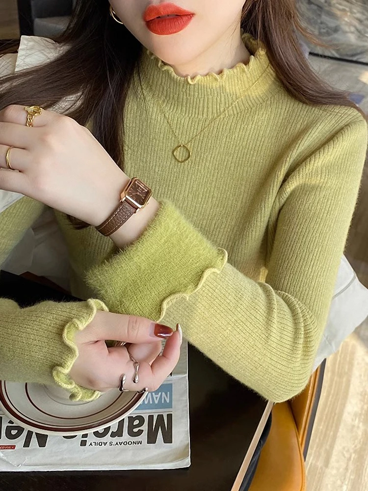 

Thiened Fce Knitted Sweater f High Collar Base Layer with Wood ain Ruffle Warm And Sli for Autumn And Winter Wo...