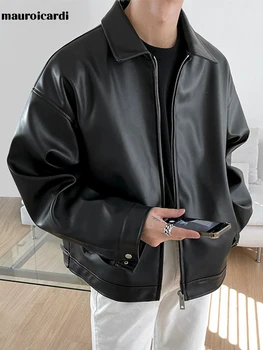 Mauroicardi Spring Autumn Cool Luxury Short Black Soft Light Pu Leather Jacket Men Zipper Casual Mens Jackets and Coats Fashion 2 Mauroicardi Spring Autumn Cool Luxury Short Black Soft Light Pu Leather Jacket Men Zipper Casual Mens Jackets and Coats Fashion 2
