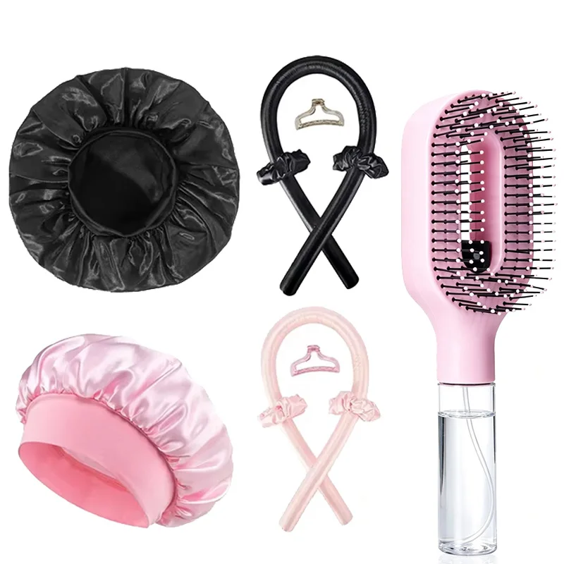 Heatless Hair Curler Set Satin Sleeping Bonnet Spray Water Hair Brush No Heat Curls Overnight Curling Rod Headband Hair Styling Tools for Women Long Hair