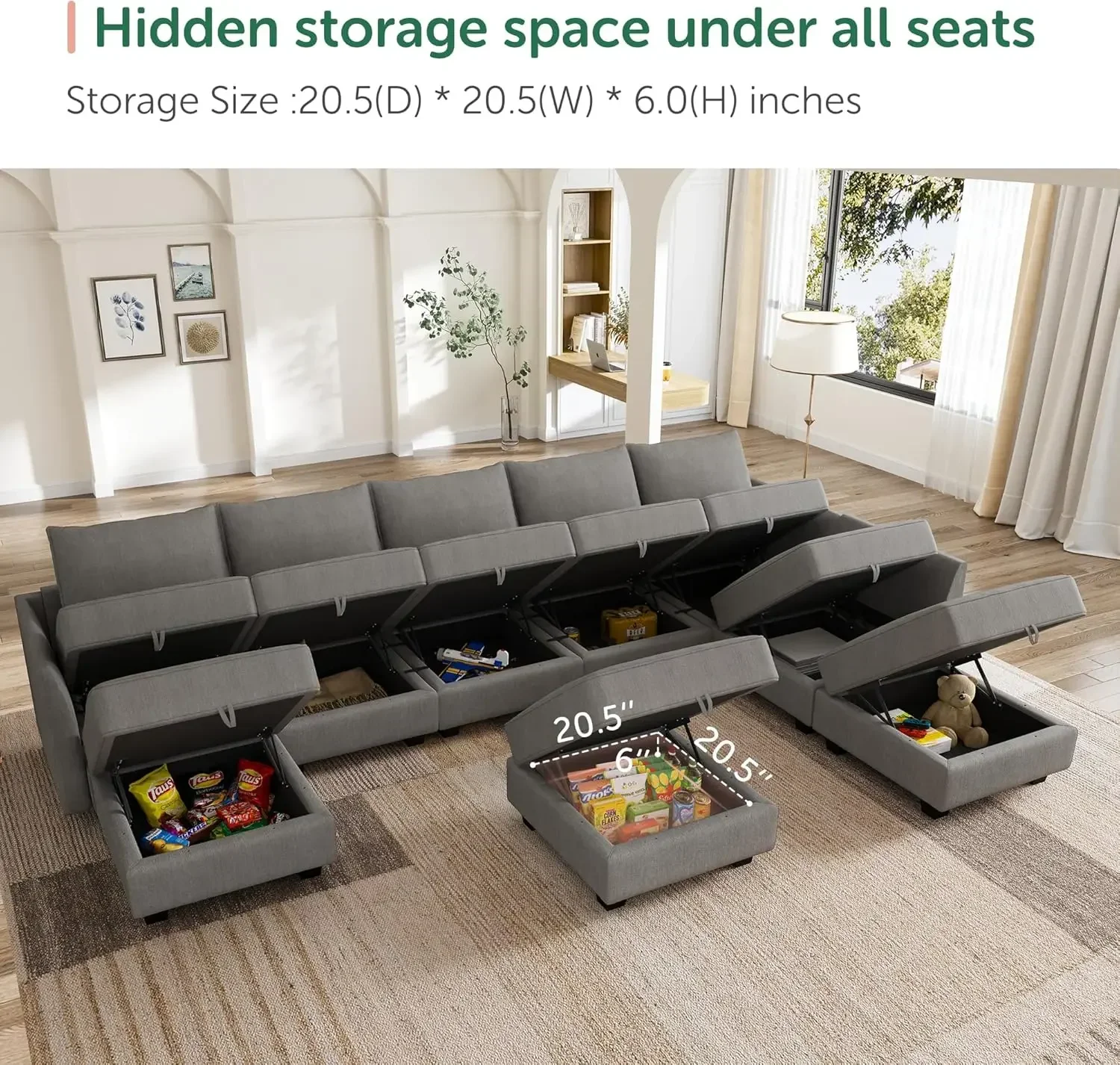 Sofa with Storage Seats Reversible Sectional Couch with Ottomans U Shaped Modular Sectional Couch for Living Room, Grey