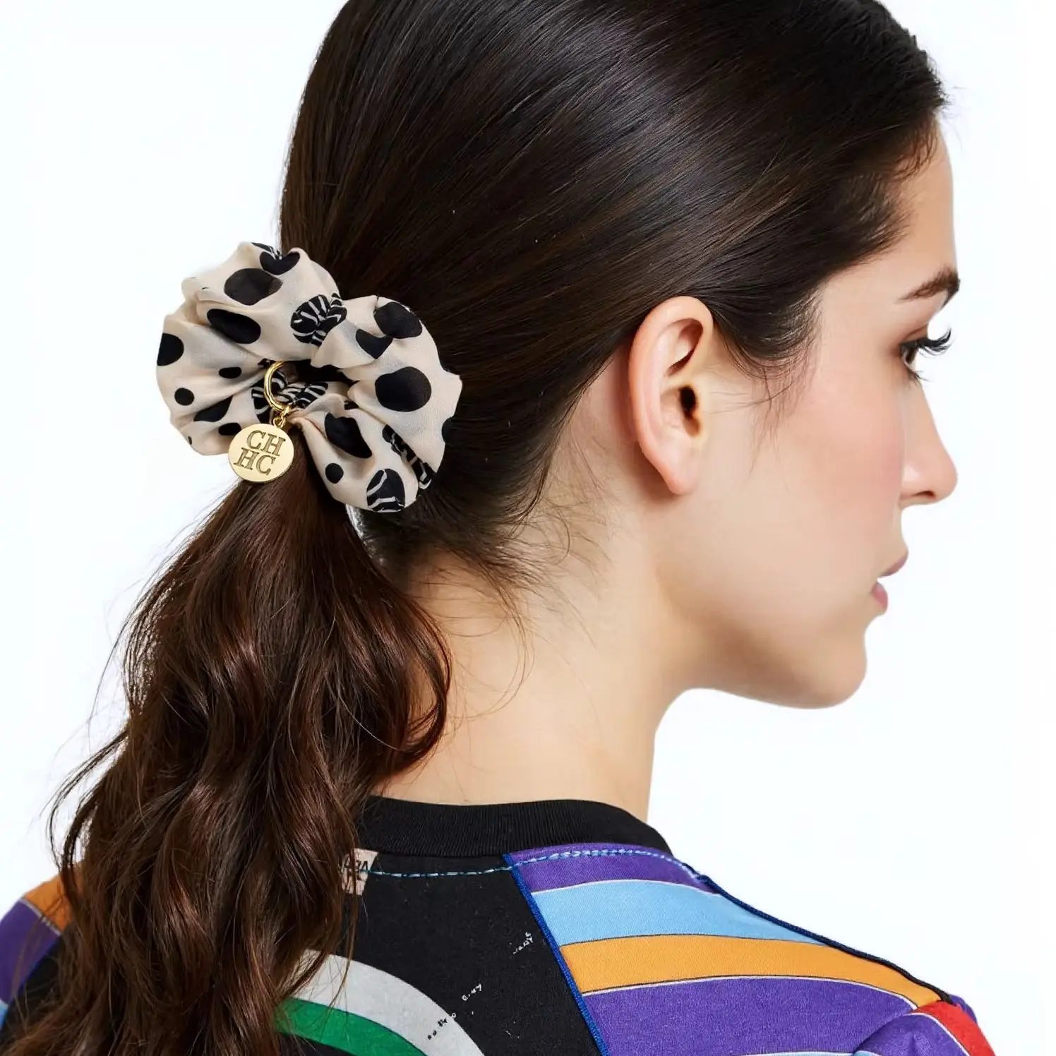 CH Polka Dot Scrunchie Cosplay Accessories Gold Logo Charm Elastic Hair Tie Womens Daily Party Use Horrorcosplaycostumeprops
