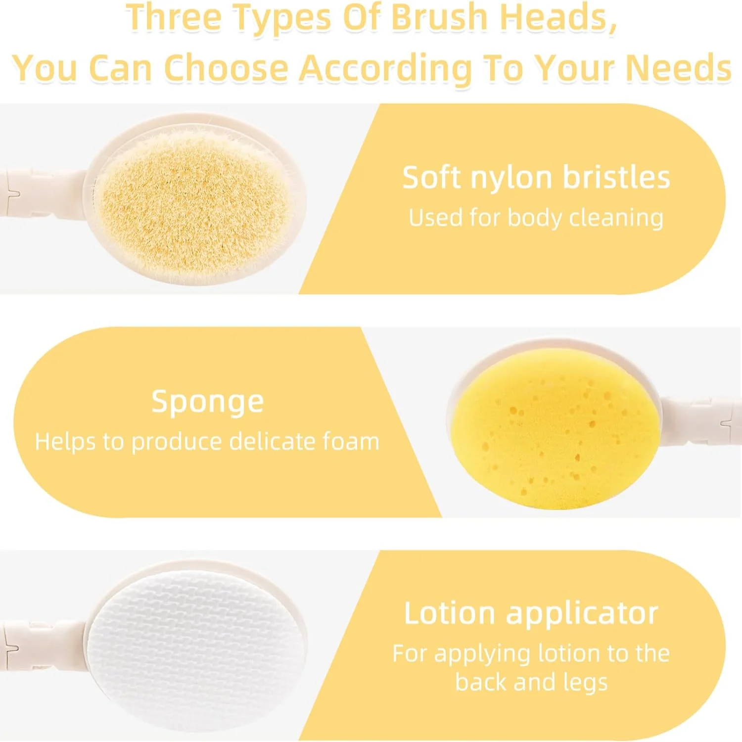 19" Long Handle Shower Sponge Brush Set,  in 1 Body brush, Bath Sponge and Lotion Applicator Improved Skin Health, Suitable for 