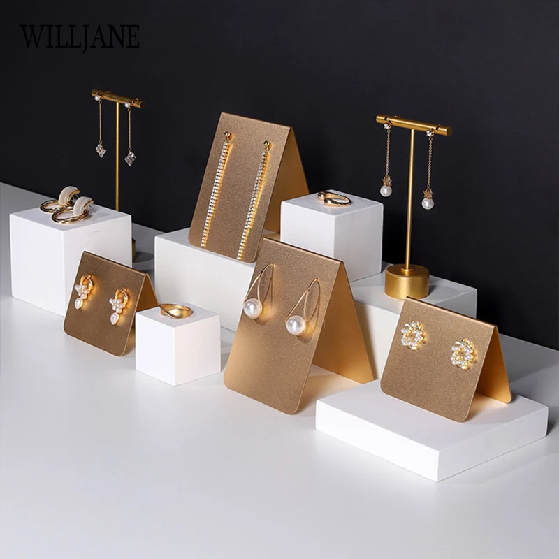 Metal Stud Dangle Earrings Display Rack T Bar Stand Jewelry Hanger Organizer Holder Eardrop Freestanding Shelf White Resin Block