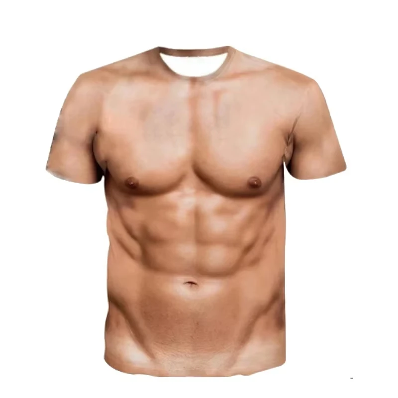 Men 3D Muscle Print T‑Shirt Funny FakeAbdominal Muscle Short Sleeve T‑Shirt Novelty Realistic Skin Graphic Tees Crew NeckCostume