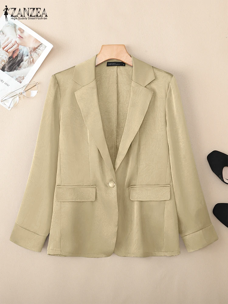 ZANZEA Women's Textured Blazer 2025 Autumn Notched Lapel Long Sleeve Solid Color Lightweight Suit Coats Elegant Office Commuting