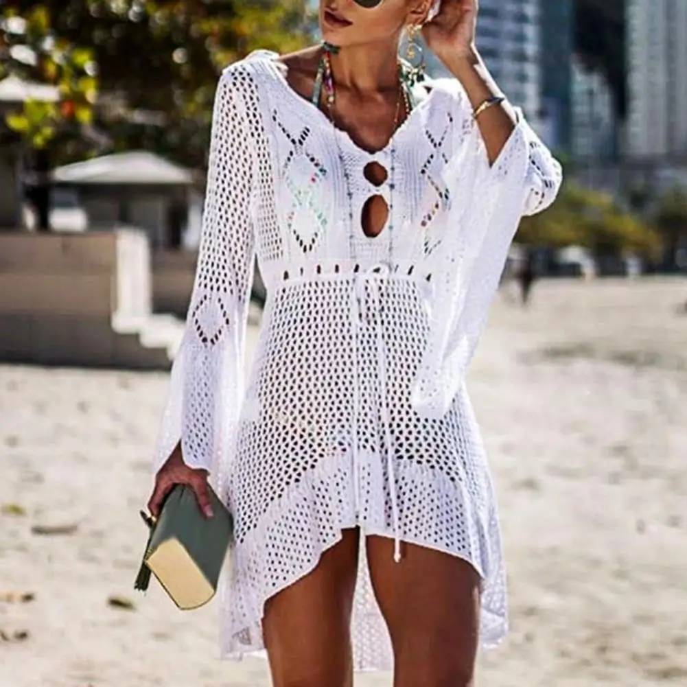 Stylish Flared Sleeves Solid Color Beach Dress Beachwear Women Dress Hollow Out Knitted Beach Dress for Vacation