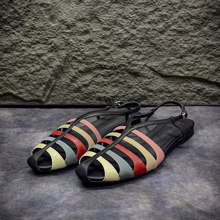 

Women's Colorful Striped Closed Toe Flat Sandals Back Buckle Hollow Out Fisherman Shoes, Comfortable Summer Beach Casual Sandals