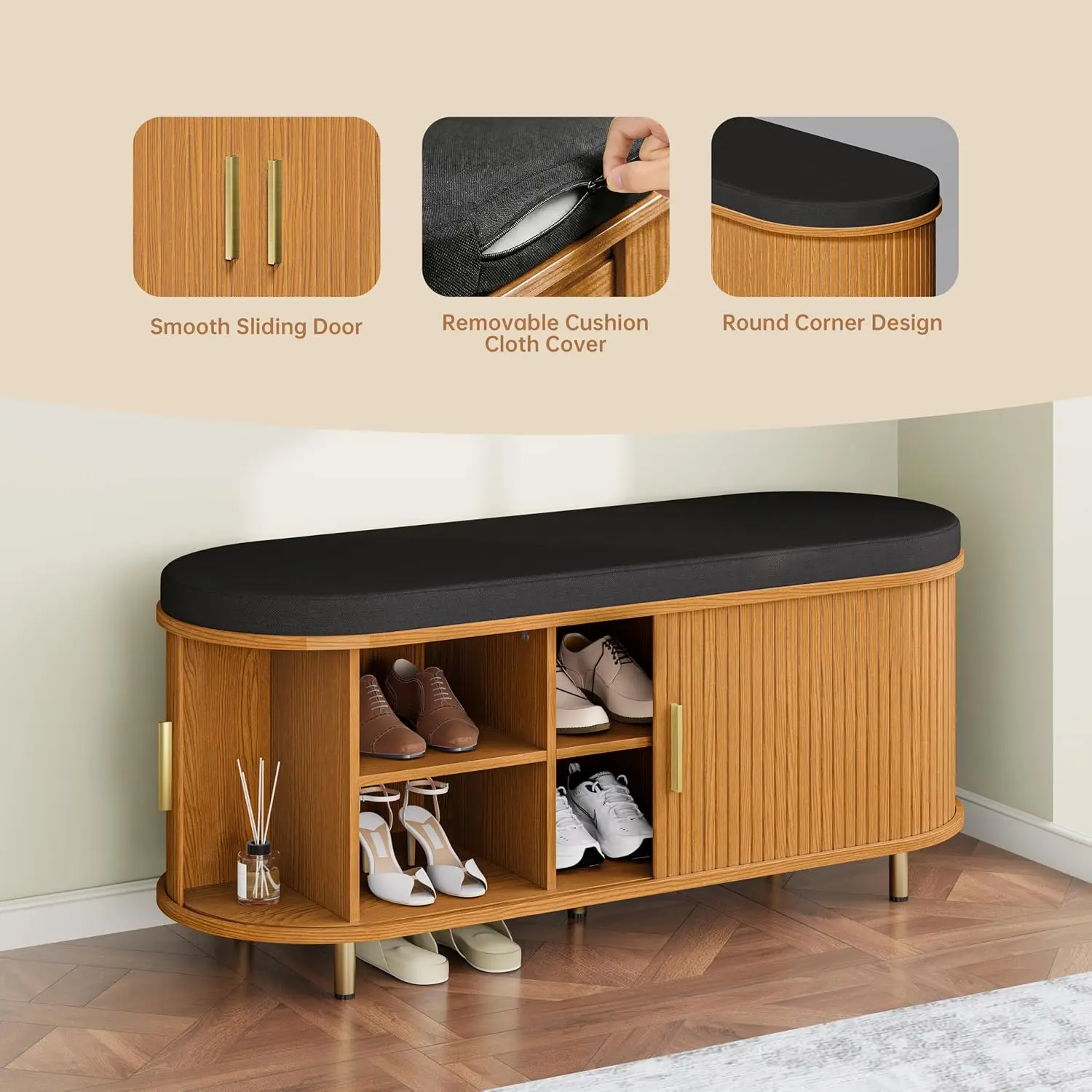 2-Tier Storage Bench,Wide Shoe Bench with Thickened Padded Seat Cushion, Mid Century Modern Fluted Sliding Door and Adjustable