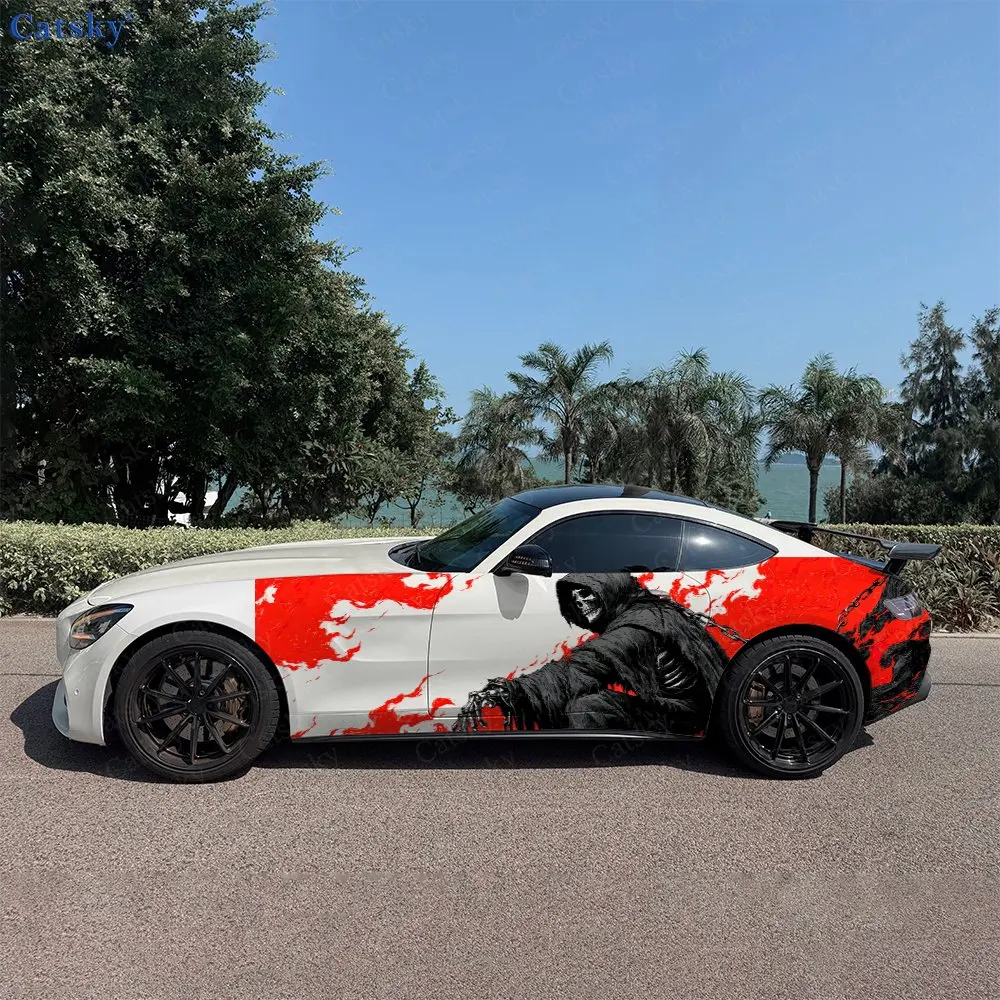 2pcs Fire Cloaked Ghost Car Side Wraps, Self-Adhesive PVC Waterproof & Scratch-Resistant Stickers, Car Accessory Gift