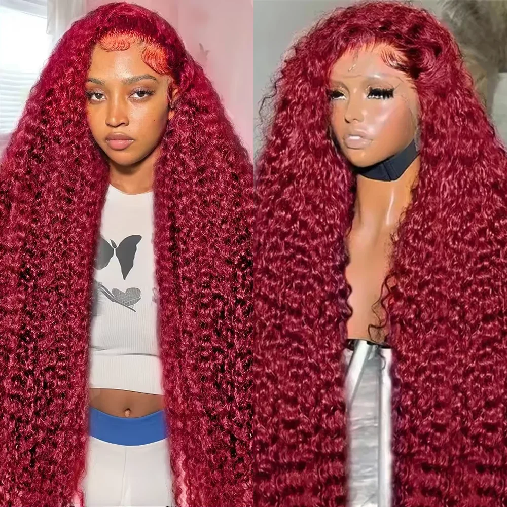 

18-46 Inches Deep Wave 99J Burgundy 200 Density 13x4 Lace Frontal Wig Human Hair 13x6 Curly HD Lace Front Wigs Hair for Women