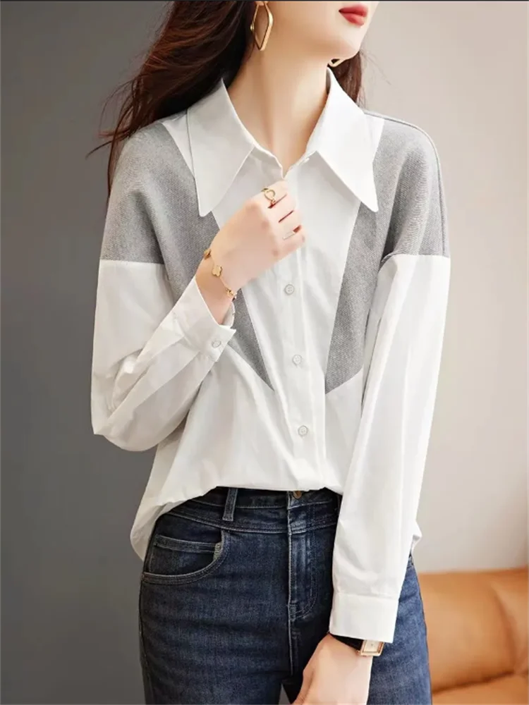 Fashion Blouses Women Shirt Patchwork Top Cardigan Woman Clothes Shirts Pointed Collar Button Up Shirt Loose Casual Female Shirt