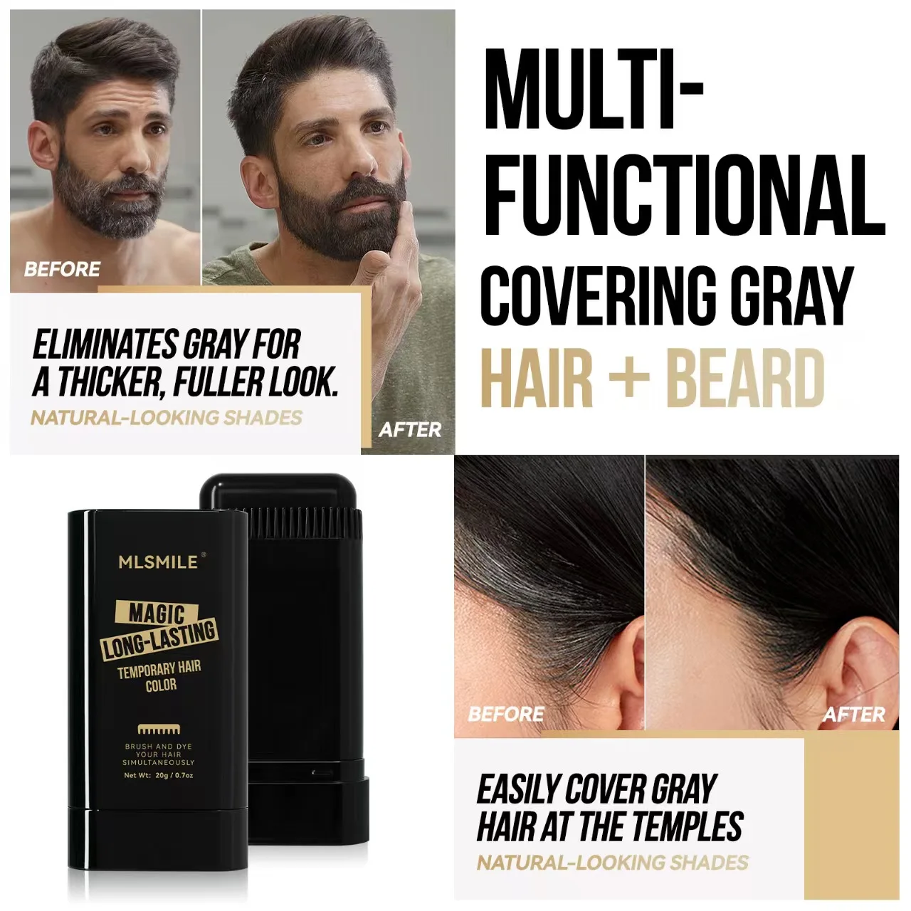 

MLSMILE 3-color Temporary Hair Dye Stick Long-wearing Easy To Apply Multifunctional Hair Dyeing Natural Look Shapes Cosmetic 20g