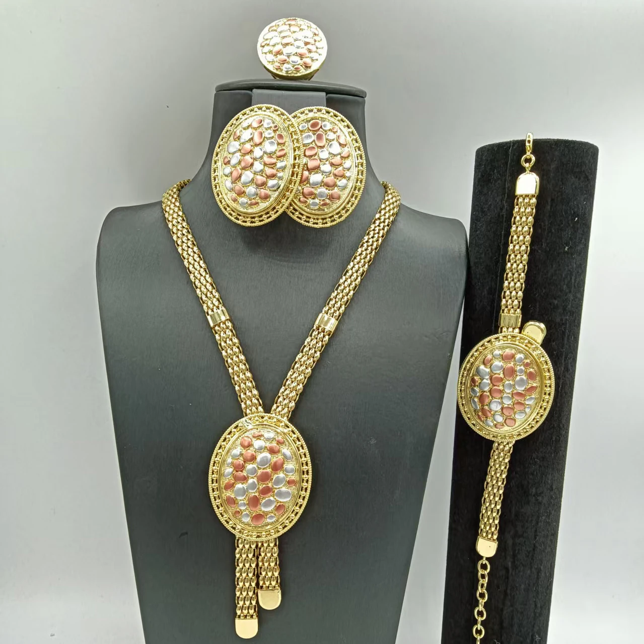 New Coming Unique Oval Three Tone Scarf Shape Jewelry Set Statement Fine Necklace Bracelet Earrings Ring 4PC Jewellery for Party