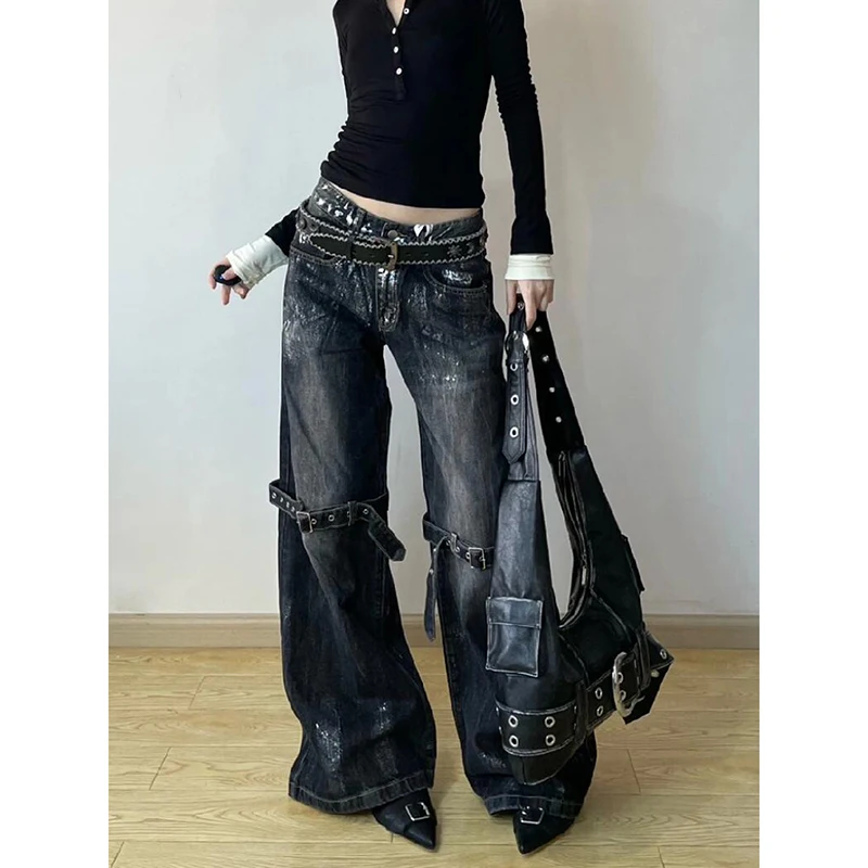 

ZHIZOU Black Women's Jeans High Waist Hip Hop Straight Fashion Pants Streetwear Harajuku Y2K Star Female Wide Leg Denim Trouser