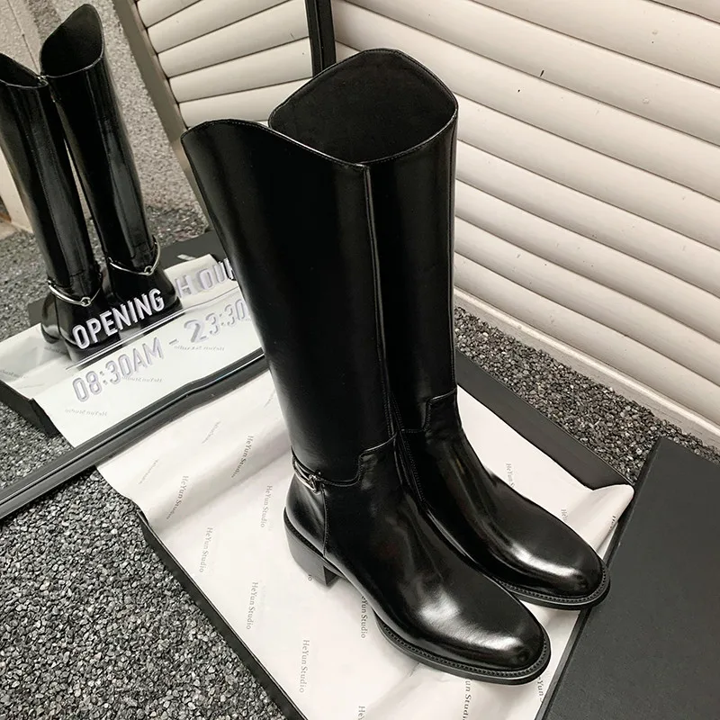 

MKKHOU Fashion Knee High Boots Women New High-Quality Genuine Leather Boots Round Metal Decoration Round Toe Slanted Mouth Boots