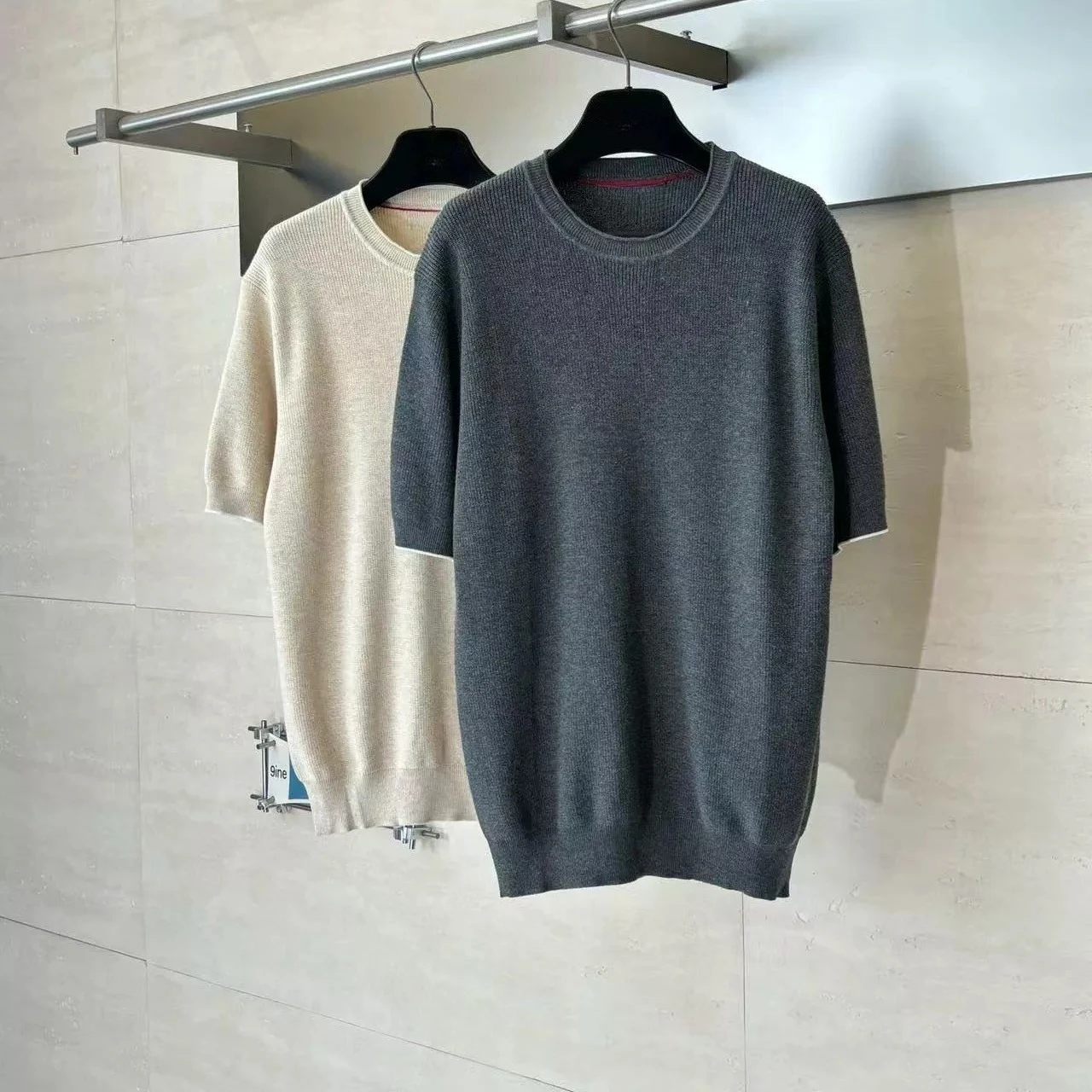 Italian summer gentleman BC vertical pit strip crew neck knitted sweater casual breathable short-sleeved T-shirt