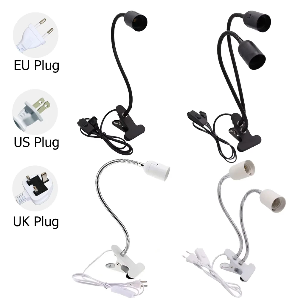 Single/Dual Head E27 Lamp Holder UK Wall Socket Flexible Extension Contact Clip With Switch Luminaire Rotating Base Cable Plug