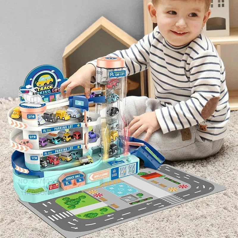 Cartoon Building Children Electronic Toys Racing Car Rail Multilayer Mechanical City Parking Garage Lights Music Gift for Kid