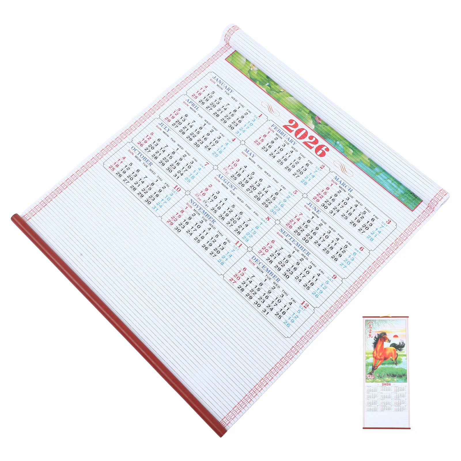 

Horse Year 2026 Faux Rattan Hanging Chinese Wall Scroll Calendar Traditional Lunar Year Calendar for Living Room Office Decor