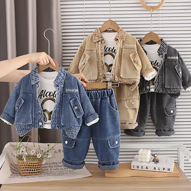 Boys Fall Set Stylish Baby Spring Autumn Denim Diagonal Stripe Three Piece Set Infant Kids Wear Childrens Clothes