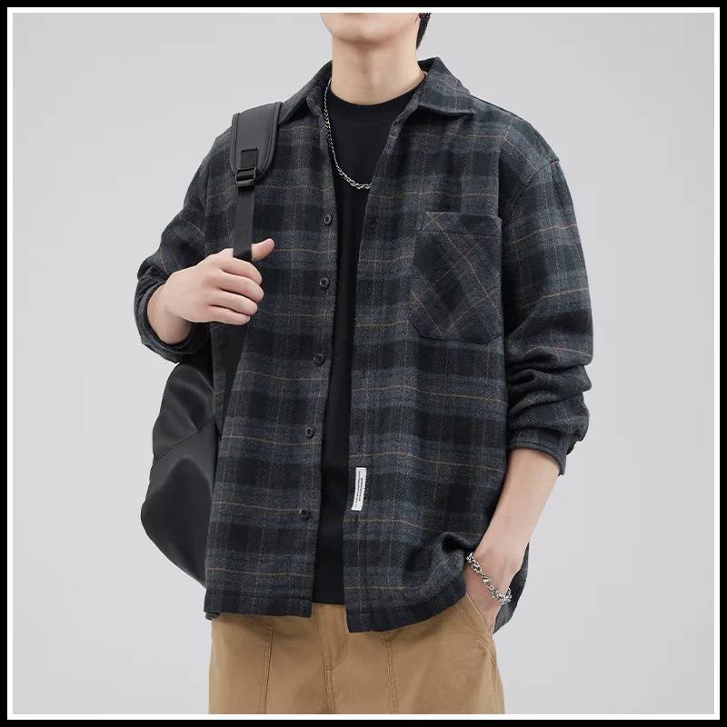 Sanding Thickened Plaid Shirt Men's Warm Heavy Longsleeved Cleanfit Style PU Leather Nine-point Sleeve Citywalk Suitable