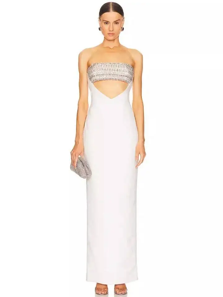 LEOSOXS 2025 Vrouwen Zomer Celebrity Nieuwe Strapless Uitgesneden Diamanten Witte Jurk Elegante Avond Club Feestjurk