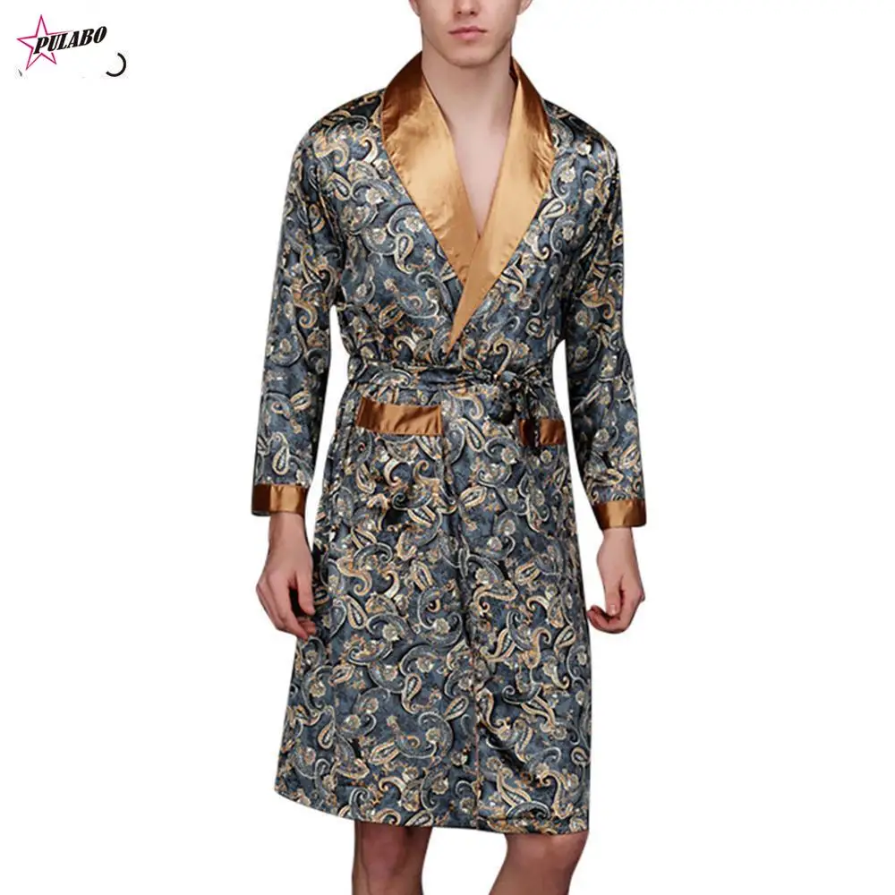 PULABO Men Bathrobe Men Simulation Silk Print Pajamas Lingerie Robe Mens Summer Robes Male Senior Satin Sleepwear