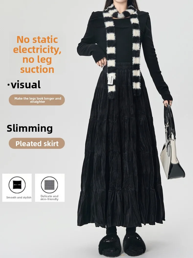 Bla velours a-ligne jupe Midi femmes automne hiver complet froncé plis parapluie jupe taille haute gâteau jupe coréenne Sle