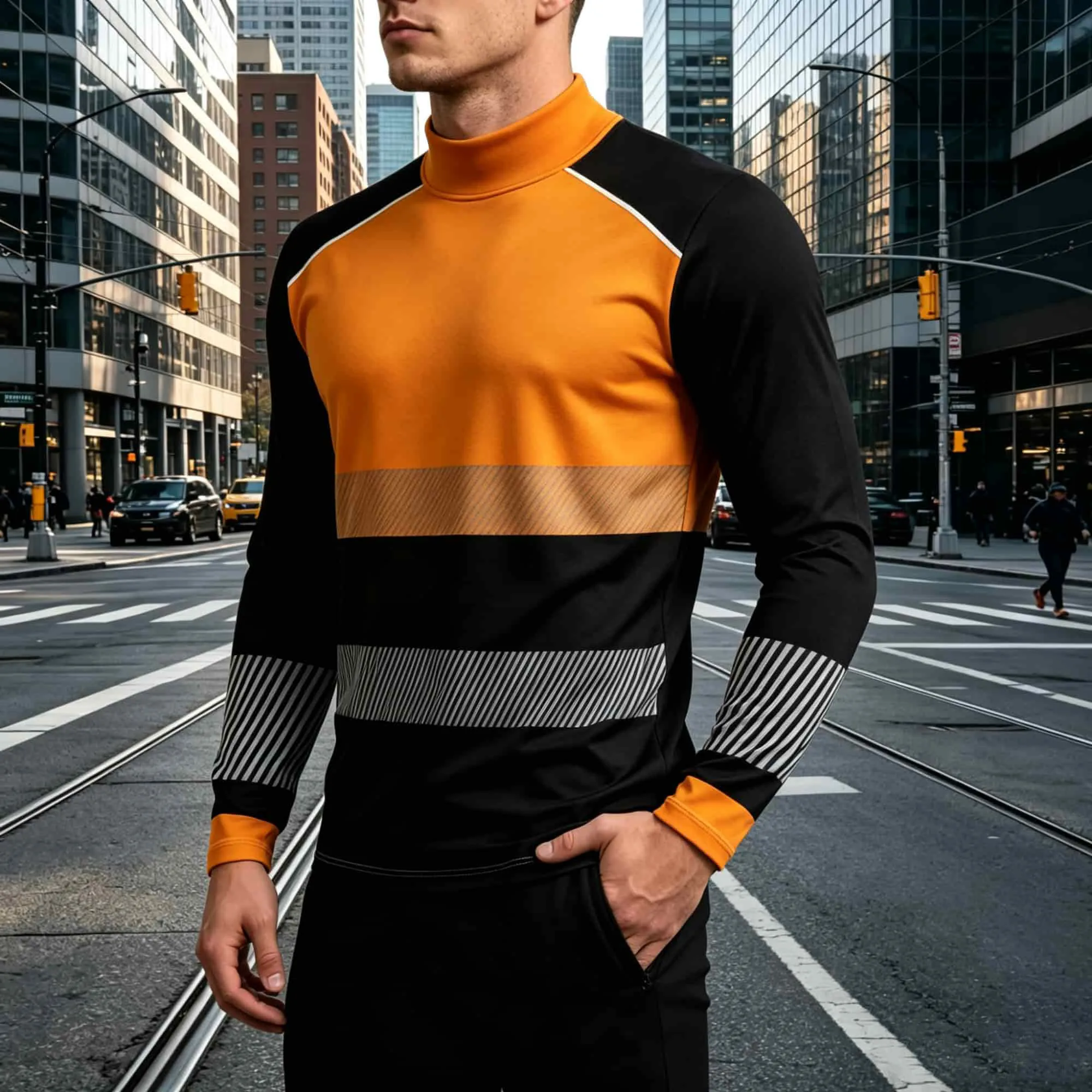 Sport‑Chic Mock Neck Pullover, Geometric Color‑Blocking Splicing  Horizontal   Stripe Men’s Fashion Statement Pullover