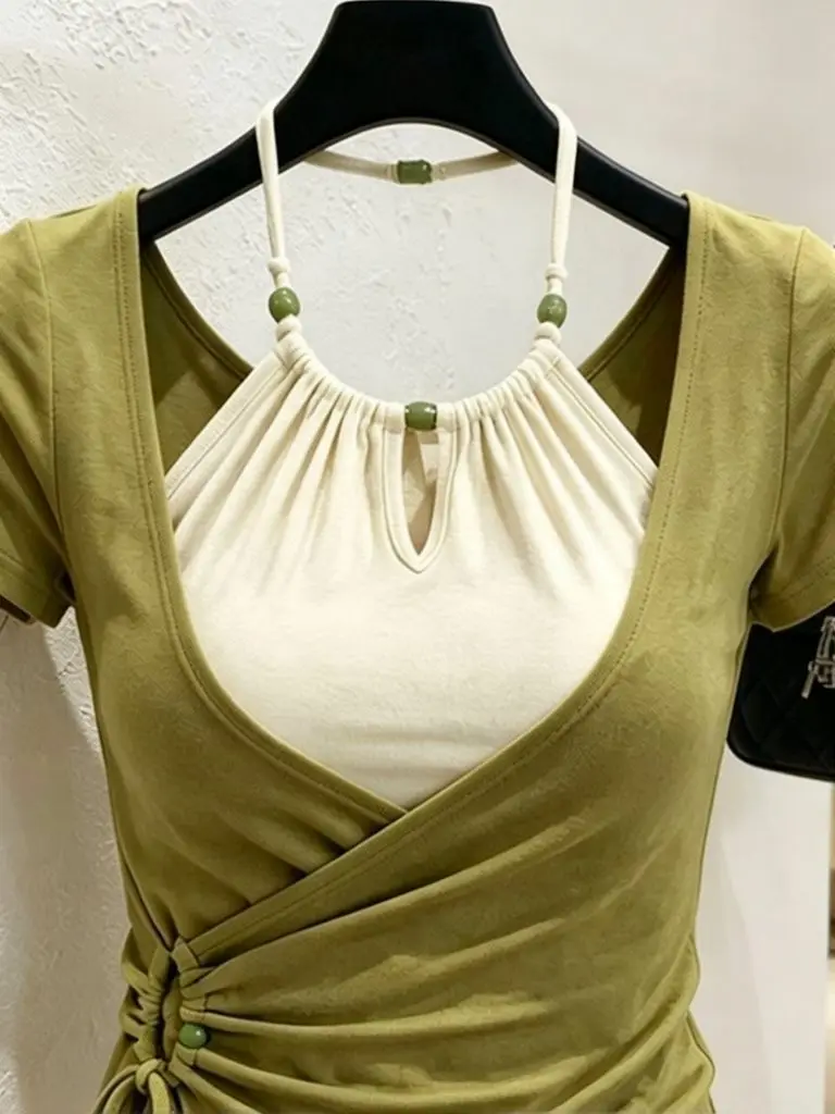 Gestuftes Neckholder-Top für Damen, luxuriöses Kurzarm-T-Shirt, französisches, sexy, schmal geschnittenes T-Shirt mit Bindedetail vorne, Basic-T-Shirt, elegantes schulterfreies Top