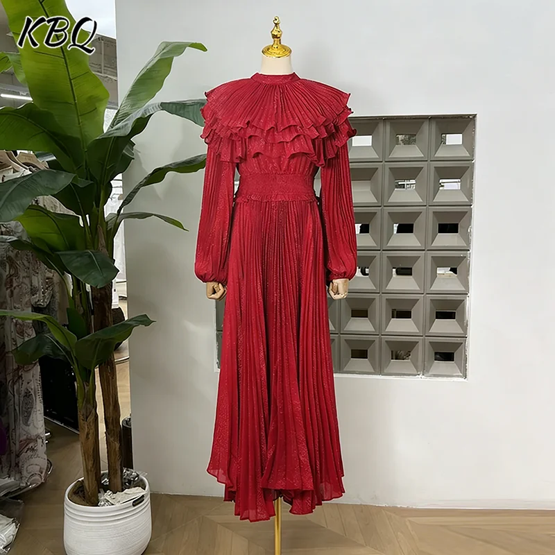 

KBQ Solid Patchwork Ruffles Tunic Folds Dresses for Women Round Neck Spliced Lace Up Long Sleeve Pleated Fairy Maxi Dress Female