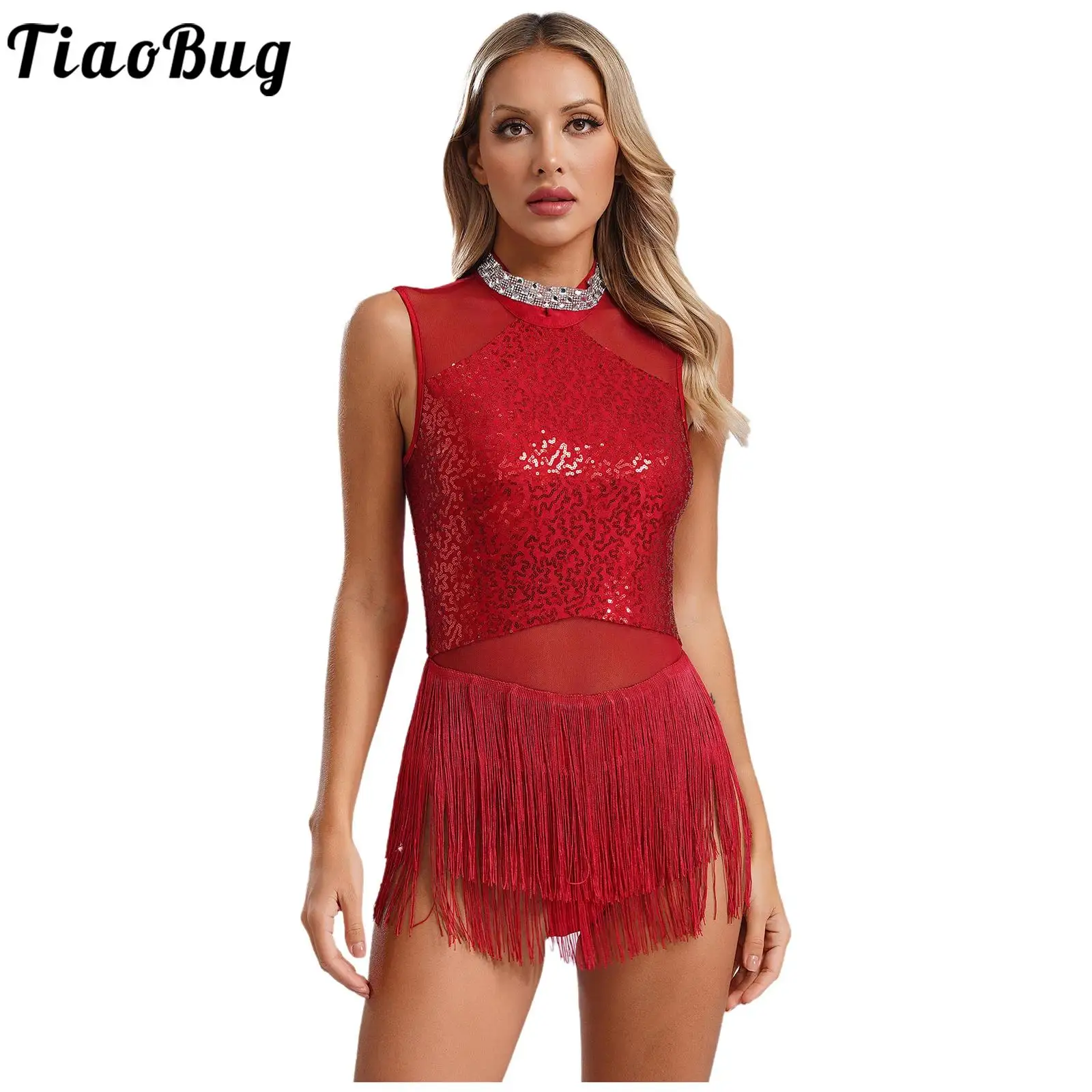 

Women Sequins Tassel Latin Tango Salsa Dance Dress Sleeveless Fringed Dance Leotard Bodysuit Ballroom Cha Cha Rumba Dancewear