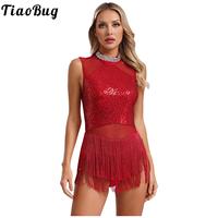 Women Sequins Tassel Latin Tango Salsa Dance Dress Sleeveless Fringed Dance Leotard Bodysuit Ballroom Cha Cha Rumba Dancewear
