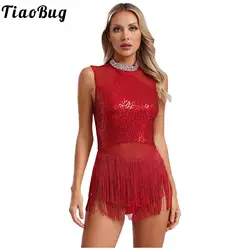 Women Sequins Tassel Latin Tango Salsa Dance Dress Sleeveless Fringed Dance Leotard Bodysuit Ballroom Cha Cha Rumba Dancewear