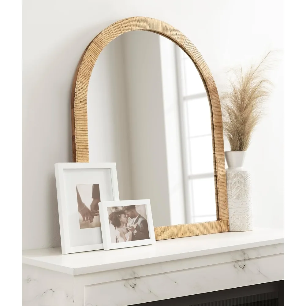 Rahfy Boho Arch Rattan Wall Mirror, 28 x 32, Natural Wood, Decorative Wooden Mirror with Authentic Rattan Frame
