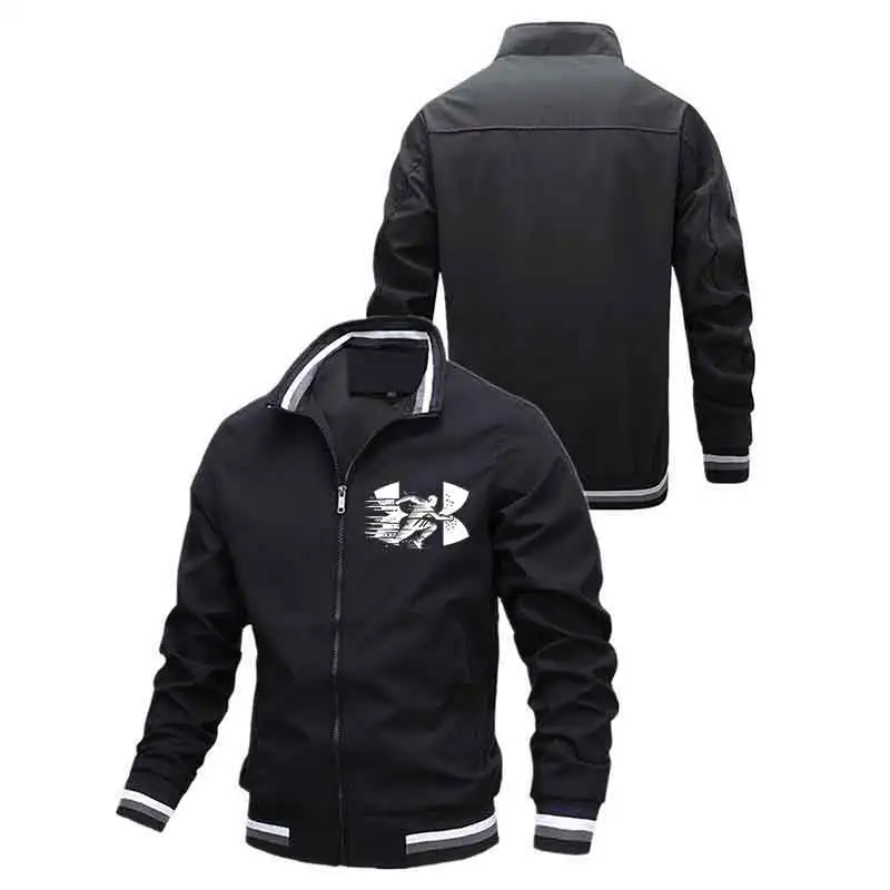 

Men Stand Collar Zipper Jacket Spring Autumn Fashion Print Casual Sports Top Striped Design outdoor Windproof Hoodless Slim Coat