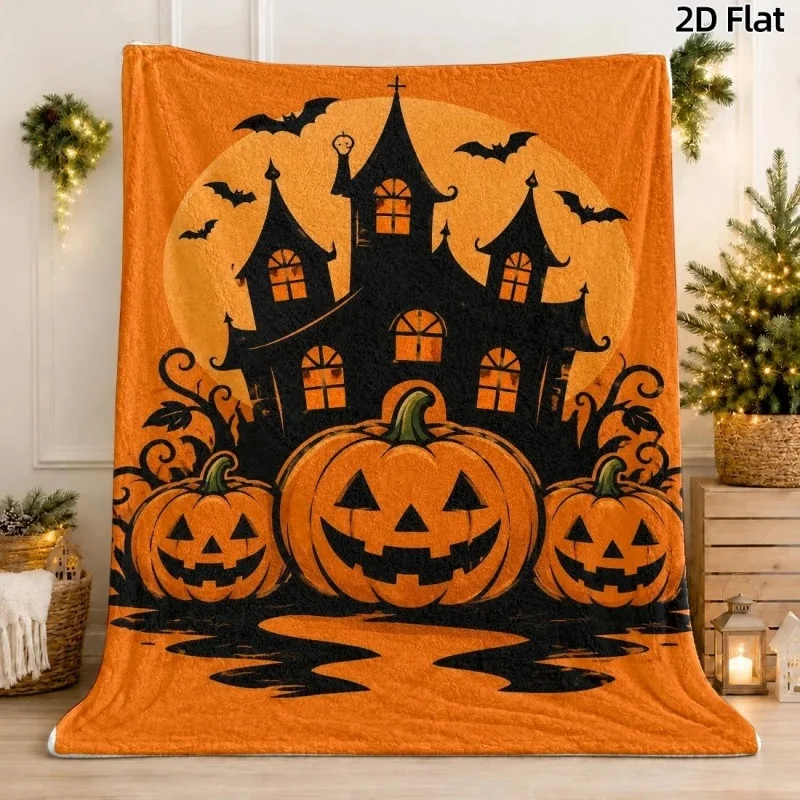 Halloween Haunted Castle Pumpkin Flannel Throw Blanket, Bat Full Moon Silhouette Print Soft Warm Blanket for Sofa Bed Home Decor