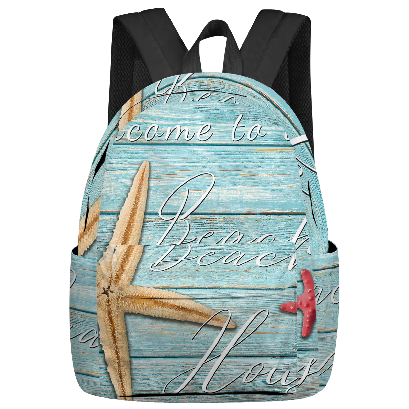 

Wood Grain Beach Text Starfish Feminina Backpacks Teenagers Student School Bags Laptop Backpack Men Women Female Travel Mochila