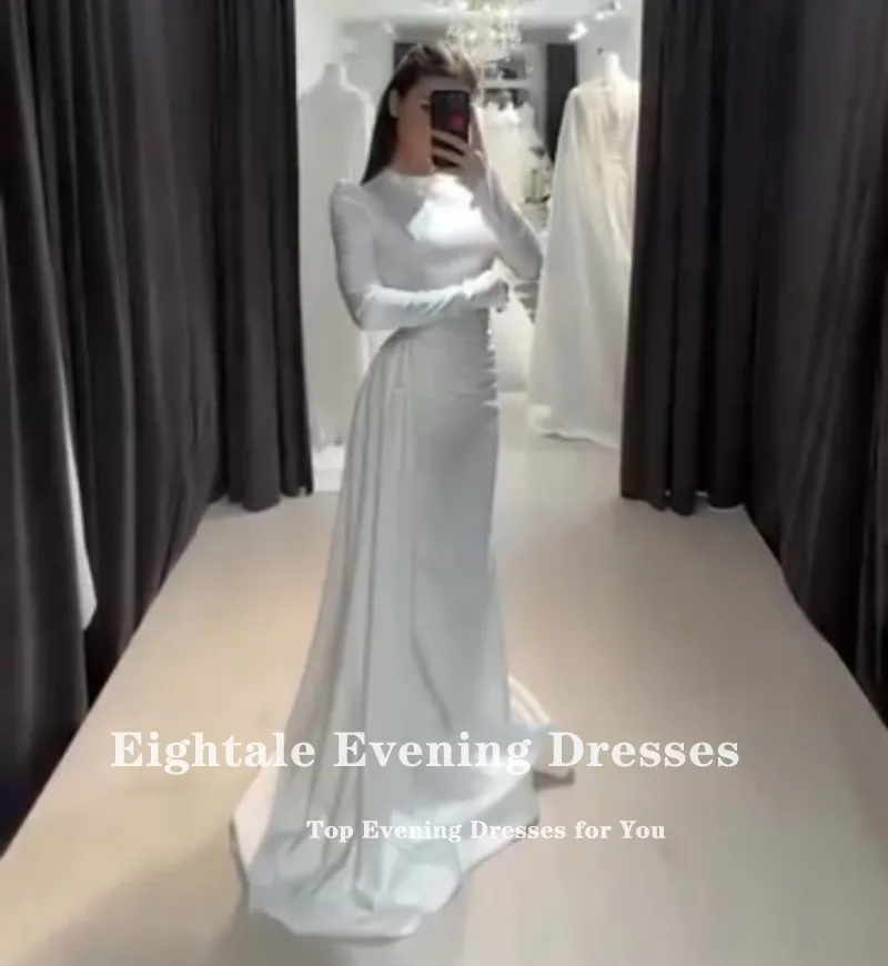 Eightale Arabic Wedding Dress Customized High Neck Beaded Pleats Long Sleeves Mermaid Satin Muslim Bridal Gown Robe De Mariée