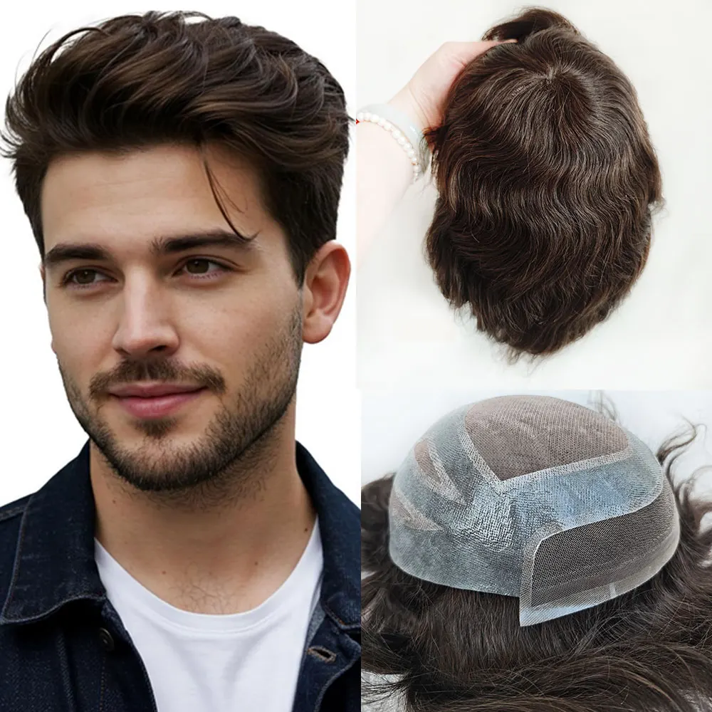 Teramarn VS Dark Brown Human Hair Toupee 10x8 Inch Swiss Mono Lace Thin Skin Hairpiece for Hair Replacement System #2 Men's Wig