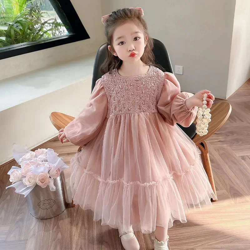 Childrens Clothing 2024 Fashionable Sweet Bubble Sleeve Princess Skirt Childrens Fashionable Long Sleeved Dress