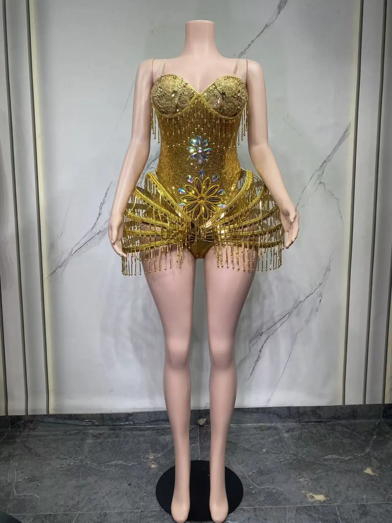 

Gold Sexy Crystal beads Bodysuit Dress Stage Performance Bling Dresses Dance Wear Nightclub Shining Costume Outfit