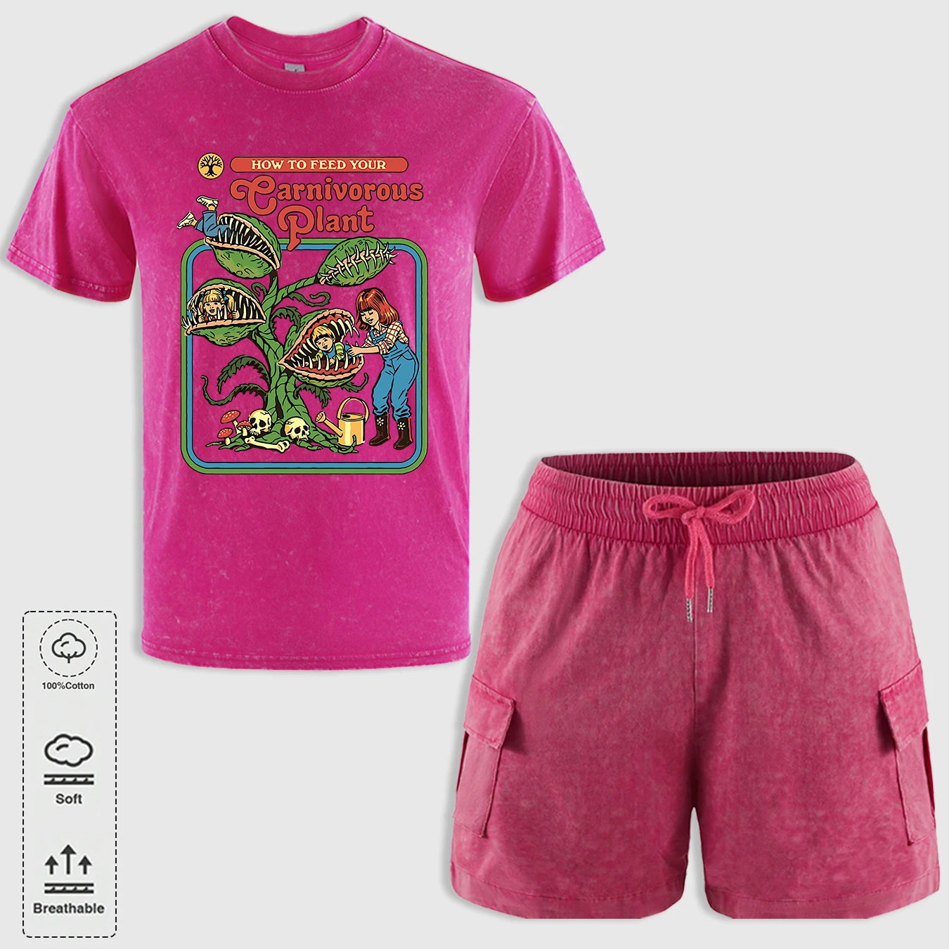 

Earnivorous Plant Pattern Washed T-Shirts Men Breathable Cotton Casual T Shirt Soft Summer Comfortable O-Neck Short Sleeve Set